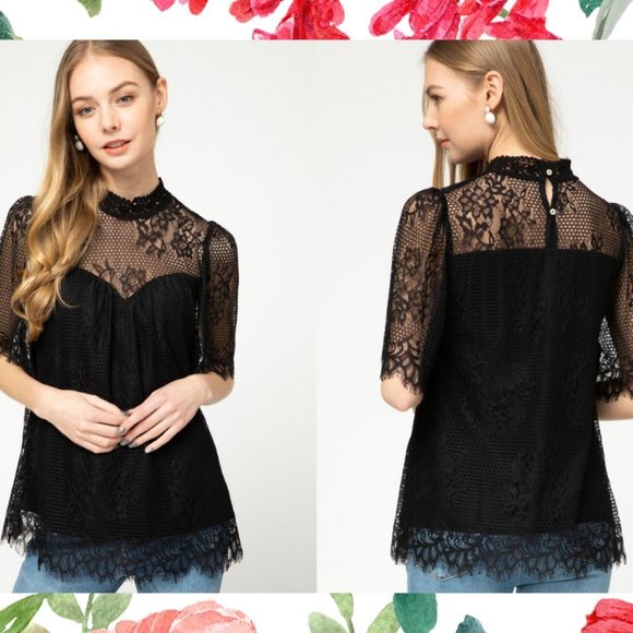 Entro Black High Neck Crochet Lace Top - Picture 14 of 14